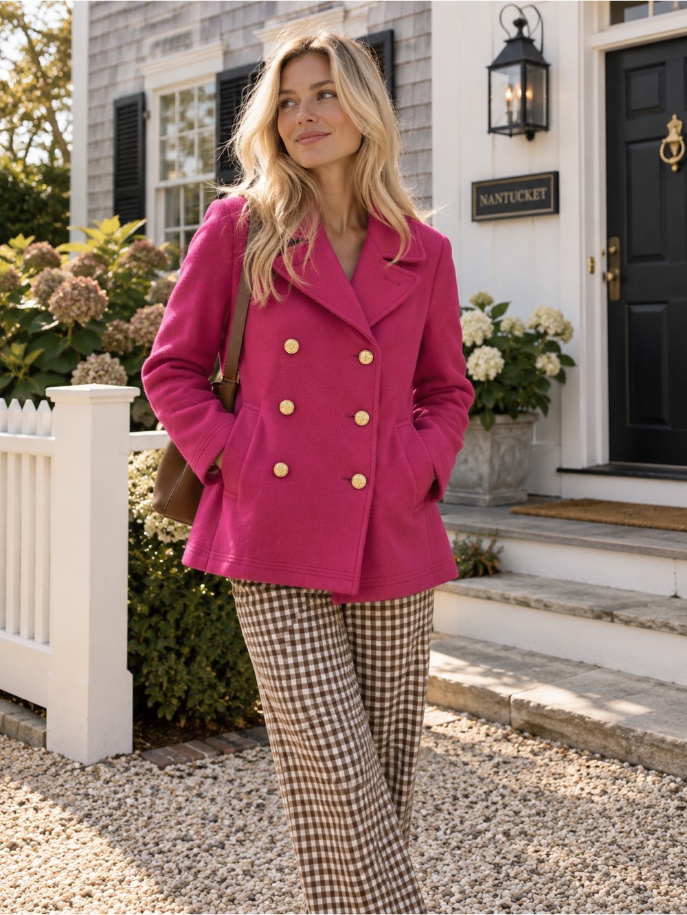 Vintage J. Crew Fuchsia Double-Breasted Peacoat with Gold Buttons